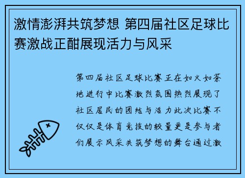 激情澎湃共筑梦想 第四届社区足球比赛激战正酣展现活力与风采