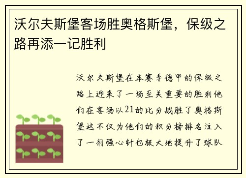 沃尔夫斯堡客场胜奥格斯堡，保级之路再添一记胜利